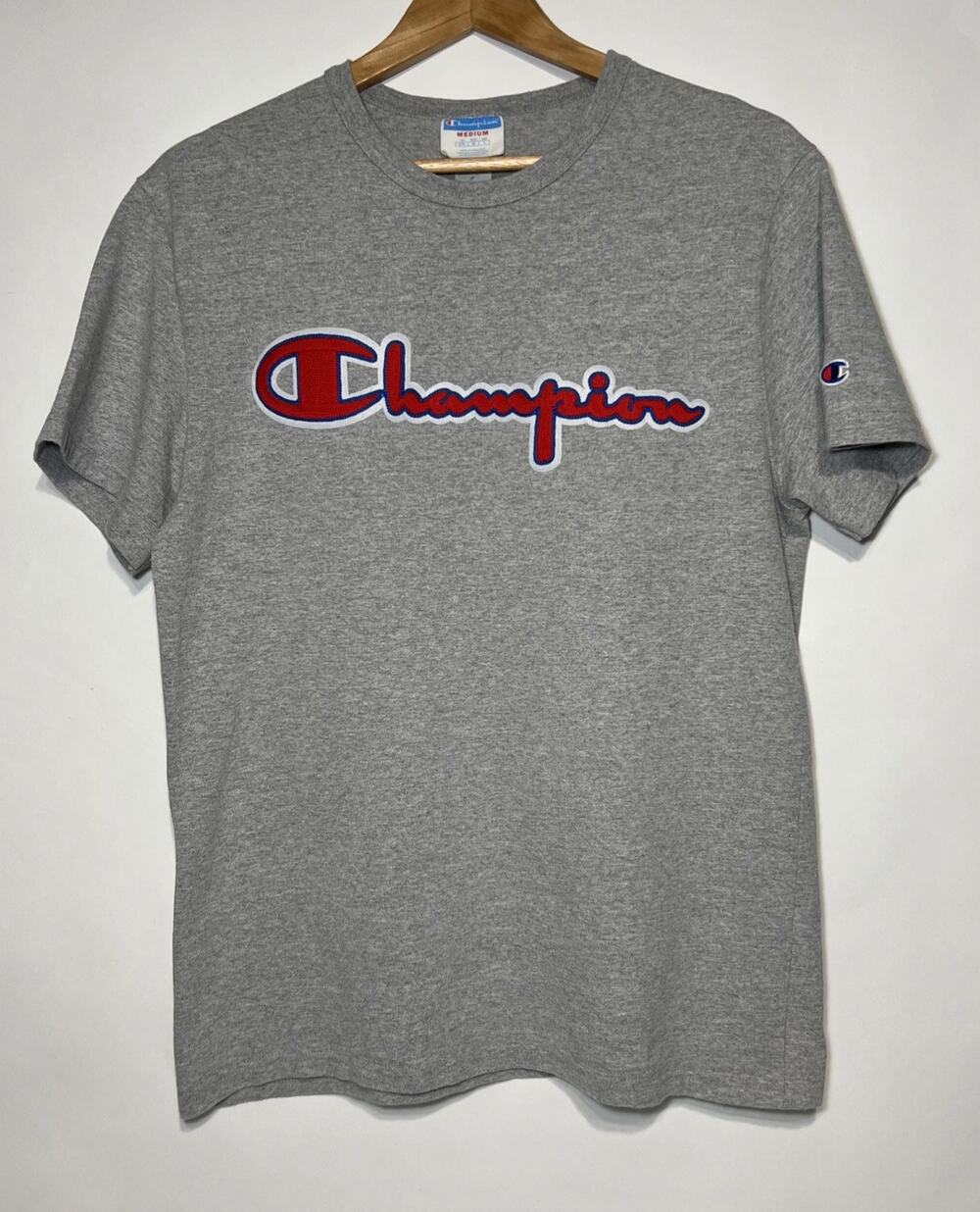Champion Embroidered Grey 90s Script Logo Tee Shirt Size M